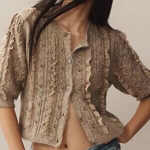NWT Size XS - Maeve Short-Sleeve Embellished Ruffled Cardigan  (NWT US$ 128)